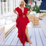 S-3XL African Dresses for Women 2021 V-neck Long Maxi Dress African Clothes Dashiki Ruffles Split Robe Africaine Femme With