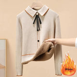 Women's Plus Velvet Thicken Polo Collar Knitted Sweaters Winter Korean Sweet Casual Pullover Sueter Warm Slim Crochet