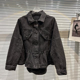 Fashion Women'sA-lineCrumpled Hem Ruffled Slimming Waist Denim Jacket Long Sleeve Lapel Blue