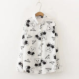 Women Vintage Bear Print Chiffon Blouse Full Sleeve Button Up Turn Down Collar White Shirt Casual Office Lady Autumn Tops