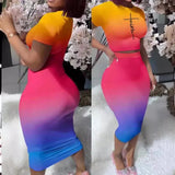 Fongt Women's Round Collar Short-Sleeved T-Shirt Wrapped Hip Skirt Print Leak Umbilical Slim Sexy