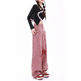 Fongt Girl Wears Embroidered Straight Jeans Female Autumn Vintage High-Waisted Star Broad-Legged Pink Pants