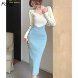 Han Queen Autumn Winter Knitting Vintage Vestido Simple Chic Work Wear Dress Women Office Bodycon Sheath Casual Pencil