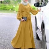 Women Muslim Abaya Dubai Dress Solid Long Sleeve Ruffles Maxi Long Sundress Robe Femme Lace Up Hijab Dress Islamic