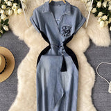 Fongt National Trend Denim Dress Women's New Chinese-Style Retro Embroidery Waist Thin Open Fork Ass Fashion Dress