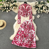 New Advanced Casual Women's Elastic Long Sleeve Pleated Top+High Waist Pleated Half Skirt Printed Skirt 2-piece Set-Outfit