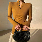 Fongt Women's New Sweet Spicy Knitted Shirt Cross Button Autumn And Winter Slim Solid Color Temperament Top Lady