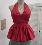 Fongt Retro Hanging Neck Tie With Bare Back Sling Skirt Folded Short Sleeveless Top Woman 9225