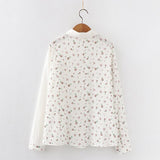 New Women Floral Print Cotton White Shirt Full Sleeve Button Up Casual Pockets Patchwork Blouse Spring Girl Sweet Tops
