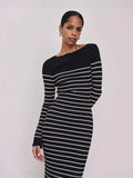 Fongt And Winter New Women's Fashion Elegant Round-Neck Dress Striped Dress Long Dress