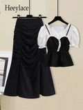 Women Summer French Vintage Two Pieces Set Korean Puff Sleeve Fake Two Piece Patchwork Tops And Draped Bodycon Mermaid Skirt