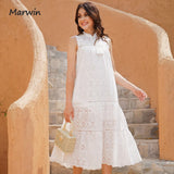 Long Simple Casual Solid Hollow Out Pure Cotton Holiday Style High Waist Fashion Mid-Calf Summer Dresses NEW