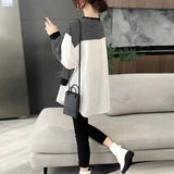 High Street Striped Printed Loose Midi Sweatshirts Spring Autumn Patchwork Female Clothing Korean Round Neck Pullovers-Outfit