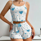 Fongt New 2024 Knitted Pit Strip Love Print Design Sweet Sling Shorts Pure Pyjamas