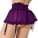 Sheer Black Mesh And Lace Six Strap Ruffle Garter Belt High Waisted Lace Pull On Suspender Belt Women Black
