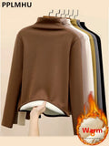 Modal Pullover Tops Women Casual Slim Thicken Fleece Lined Tshirt Korean Half Turtleneck Lambwool Fluff Tee Warm