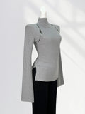Fongt Horn Sleeve Slim Jacket Chic Inside Hollow Out Half High Collar Bottom Shirt Spring Women's Hot Girls-Outfit