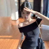 For Women Summer off-Shoulder Solid Short sleeve Gentle Temperament Niche Slim fit Pullover Top Fashion-Outfit
