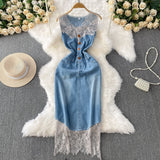 Fongt Lace Splicing V-Neckless Denim Dress Women's Summer Senior Feeling Lanky Dress