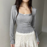 Fongt Girl Split Dense Edge Base Long Sleeve T Shirt Square Collar Wood Ear Bow Slim All-Match Jacket-Outfit