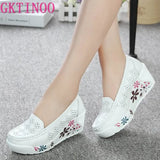 New Women's Genuine Leather Platform Shoes Wedges White Lady Casual Shoes Swing mother Shoes Size