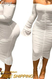 Dress Fall Winter Clothes 2023 Off Shoulder Sexy Bodycon Long Sleeve Ruched Sheath Dress with Drawstring Prom Night