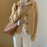 Fongt Horn Buckle Twist Restore Ancient Ways Sweater Women's Korean Version Cardigan New Style Loose Foreign Style Knit Coat Female-Outfit