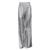 Fongt Trend Windproof Women's Pants New Fall 2023 Silver Elastic Waist Loose Straight Leg Show Thin Wide Leg Pants-Outfit