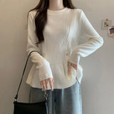 O-Neck Knitted Blouse Female Clothing Slim Waist 2023 Autumn Winter Long Sleeve Fashion Button Spliced Solid Color Shirt-Outfit