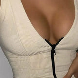 Ribbed Sexy Sleeveless V Neck Zipper Mini
