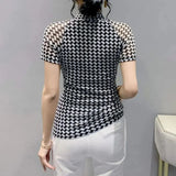 Sexy Slim Houndstooth Pullovers All-match Stylish Patchwork Casual 2023 Female Clothing Elegant V-Neck Commute T-shirt-Outfit