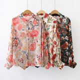 New Arrival Women See Through Print Lantern Sleeve Chiffon Blouse Button Up Transparent Shirt Casual Sunscreen Tops