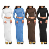 Autumn Solid Round Collar Long Sleeves Half-Length Skirt Slim Suit 2023 Casual Women Two-Piece Set-Outfit