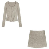 Autumn Sexy 2 Piece Dress Set Elegan Casual Long Sleeve Knitted Suits Y2k Crop Tops + Bodycon High Waist Mini Skirt Korean-Outfit