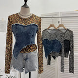 Fongt Shooting Fashion Leopard Tard Tard Babes Mesh Splicing Denim Irregular Bottom Shirt Short Top 2617