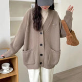 Fongt Department Lazy Wind Soft Waxy V Neck Sweater Coat Female Autumn Winter Loose Wear College Wind Knit Cardigan Jacket-Outfit