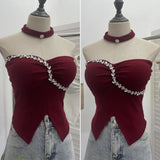 Thai-Style Hanging Neck Small Sling With Drill With Chest Pad Irregular Wearing Sleeveless Knitting Top