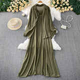 Fongt Wind Leisure Two Sets Of Women Loose Outside Thin Long-Sleeved Shirt Cover Skinny Sling Dress