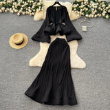 Fongt Fashion Strap To The Waist Horn Sleeve Lotus Loaf Under The Pendulum Folding Folding Top + High-Waisted Fish Tail Half-Body Dress
