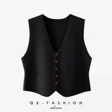 Fashion Solid Color Soft Suit Knitted Vest Women's Spring Soft Suit Autumn V Collar Single-Breasted Buckle-Outfit