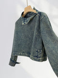Fongt Cool Waste Rustic Denim Coat Female Retro Wash Do Old Standing Collar Hottie Short Denim Jacket Motorcycle Suit-Outfit