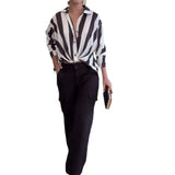 Fongt 2024 New Fashion Striped Print Shirt High-Waisted Straight Pants Two Sets For Women-Outfit