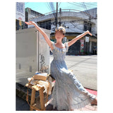 Fongt Long Print Small Flying Sleeve Sling Dress Design Sense Of Senior Women's Spring Sweet Thin