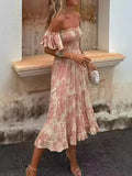 Fongt Spring And Summer New Print Open Shoulder With Chest Sexy Rest Lotus Leaf Sleeve Dress 8058-Outfit