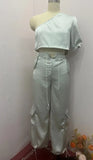 Fongt 2024 New Fashion Diagonal Collar Rotator Sleeve Top Casual Wind Pants Two-Piece Set-Outfit