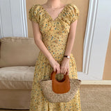 Fongt Chic Summer French Elegant V Collar Fold Feeling Waist Show Thin Long Broken Flower Platycodon Dress Female-Outfit