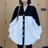 Women's Clothing Korean Striped Blouse Casual V-Neck Loose Spring Autumn Commute Single-breasted Basic Fashion Patchwork Shirt-Outfit