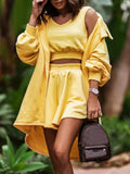 Turn Down Collar Lady Shorts Suit Women Loose Coats Shorts Three Piece Set Outfit 2023 Summer Solid Casual Tracksuit