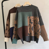 Fongt Leopard-Print Spliced Sweater Female Soft Thick Sheep Velvet Long Sleeve Knitted Tops In Wind