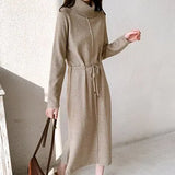 New 2020 Autumn Winter Women Dresses Turtleneck Drawstring Oversize Korean Split Knitted Elegant Long Dresses